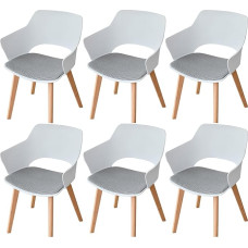 6 modernių valgomojo kėdžių rinkinys, šiaurietiško stiliaus valgomojo kėdės su porankiais, buko kojos, minkštos virtuvės kėdės su lino langeliu - baltos spalvos