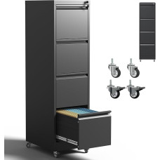 IKIMI rakinama metalinė dokumentų spinta su 4 stalčiais Juodos spalvos mobiliosios dokumentų spintos Vertikali dokumentų spinta, skirta namų biurui Riedanti saugojimo spinta, skirta A4 / laiško / juridinio dydžio surinkimui