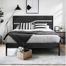 VECELO metalinis ir medinis lovos rėmas 140 x 200 cm, dvigulė lova su medžio efekto galvūgaliu, skersinis rėmas, laikymo vieta, mažai triukšmo, lengvai surenkama, juoda