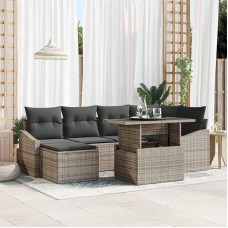 Modulares Gartensofa Set 7 Stück Outdoor Sofagarnitur mit Eckbank und Tisch Poly Rattan Grau Terrassen Sofa Set mit Glasplatte und Kissen