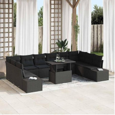 Modulares Gartensofa Set 11 teilig mit Tisch und Kissen in Schwarz Poly Rattan Outdoor Sofa Set mit 2 Seitensofas und 2 Ecksofas Gartentisch mit Glasplatte