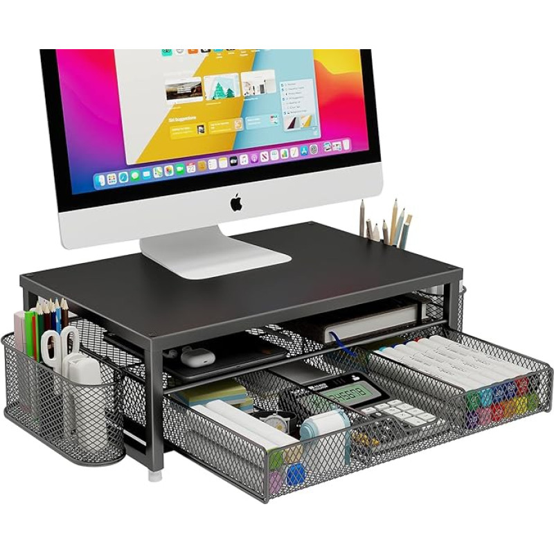 Metalinis monitoriaus stovas, biuro stalo stovas su lentynos organizatoriumi, biuro organizavimas, stalo organizatorius su stalčiumi ir rašiklio laikikliu, 2 lygių kompiuterio stovas iMac, PS4, PC