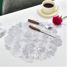 PVC Washable Place Mats, Set of 6, Flower-Shaped Place Mats & Coasters, Place Mats for Kitchens, Silver, 38 cm