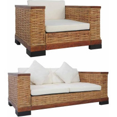 2-TLG. Rattan-Sofa-Set Braun Creme, 155 cm Breites Zweisitz-Sofa & 94 cm Relax-Sessel aus Mangoholz mit abnehmbaren Auflagen, Modernes Design für Wohnzimmer Terrasse kleine Räume