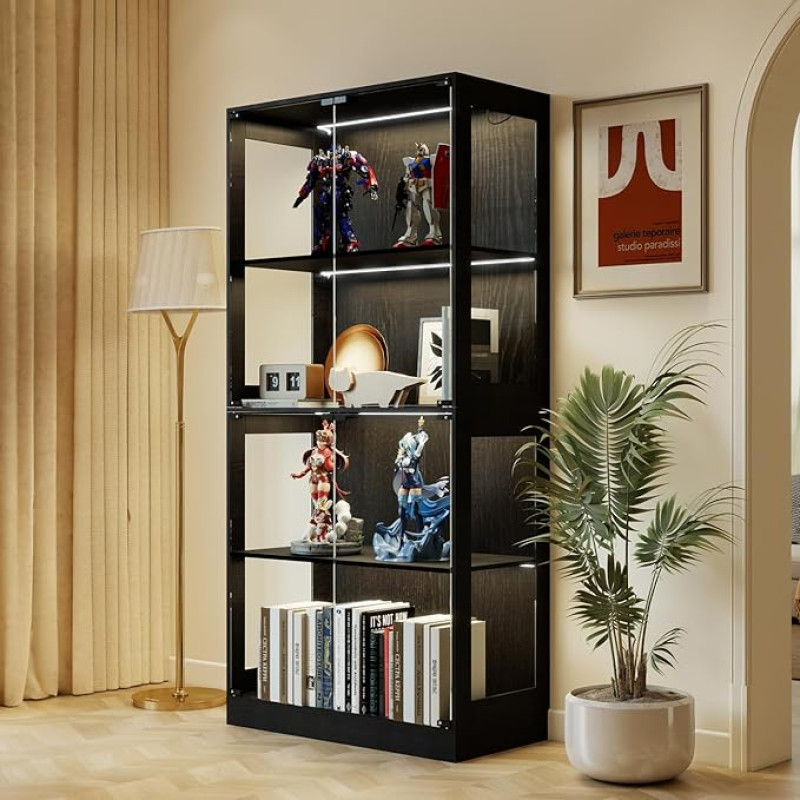 YU YUSING Vitrina su LED apšvietimu ir 2 stiklinėmis durelėmis, 165 cm stiklo vitrina, kolekcinė vitrina su išmaniaisiais jutikliais, 4 pakopų stovinti vitrina svetainei, miegamajam, biurui, juoda