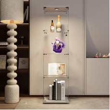 Stiklinė vitrina su LED apšvietimu, 164 x 43 x 37 cm, moderni vitrina su 4 lentynomis, 1 durelėmis, stiklinė vitrina, stovinti vitrina, pagaminta iš grūdinto stiklo ir medžio, skirta svetainei