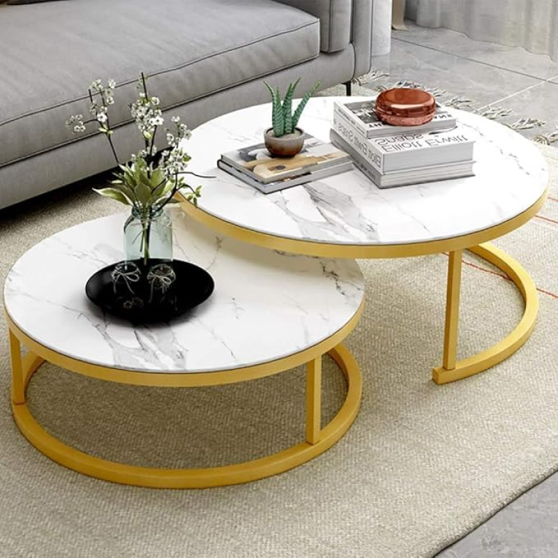 Komplektas su 2 apvaliomis susegamomis kušetėmis kambariui - elegantiškos kušetės su marmurine ir metaline konstrukcija, aukso spalvos apdaila, Ø80 cm + Ø60 cm, stilvolles weißes Design