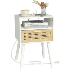 MaxSmeo Bedside Table with Charging Station, Bedside Tables with Rattan Drawer, Mid Century Modern Bedside Table for Living Room, Bedroom and Small Spaces, Easy Assembly (White)