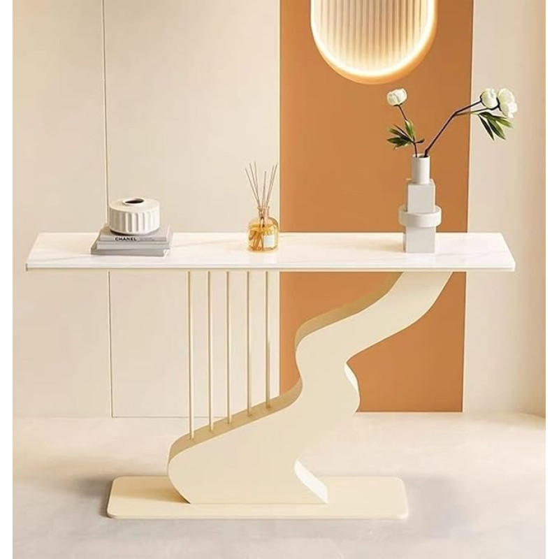 Gebogener Sinterstein-Konsolentisch mit Dickem Verzinktem Stahlsockel, Schlanker Moderner Eingangstisch mit Glatten Abgerundeten Kanten für Flur, Wohnzimmer und Foyer(White,80cm/31.5
