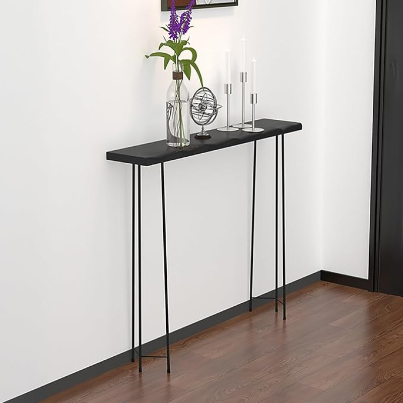 Schmaler Konsolentisch Schwarz, Konsolentisch 20 cm Tief, Dünner Beistelltisch mit Eisenbeinen für Eingangsbereich, Künstlich-Natürliche Kanten(80x20x80cm/31x8x31in)