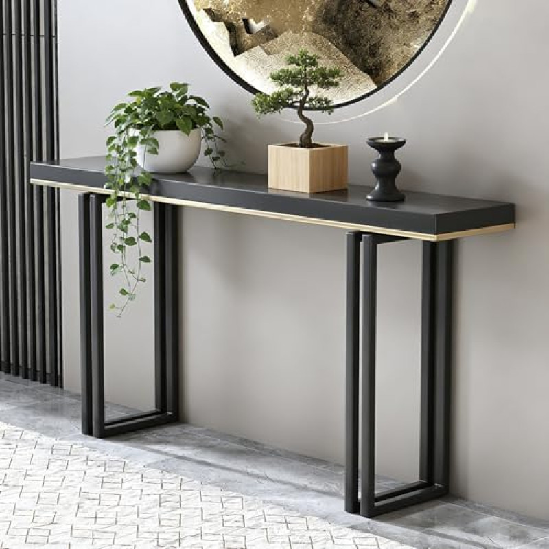 Generisch Konsolentische für Flur, schmale Beistelltische aus Glas für Wohnzimmer und Schlafzimmer, (lt:Schmaler Konsolentisch mit Massivholzplatte, schwarzer Sofatisch mit robusten Metallbeinen fü