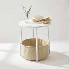 FurnitureR Beistelltisch, Kleiner Nachttisch mit Aufbewahrungskorb aus Stoff, moderner Nachttisch, 45 cm weiße Platte, für Wohnzimmer, Schlafzimmer, Mattweiß und Kamel, Metallrahmen