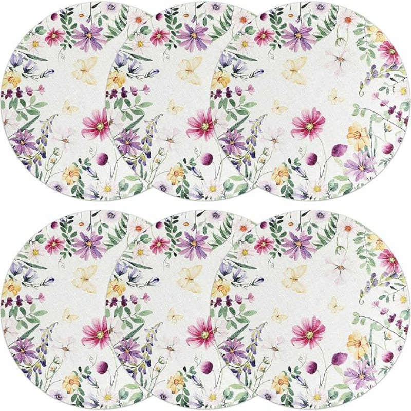 Lurrose 6 Stück Runde Leinen Platzsets mit Blumenmuster Waschbare Tischsets für Esszimmer Hitzebeständig und Langlebig Vielseitig Einsetzbar für Alltag und Party Weiche Komfortable