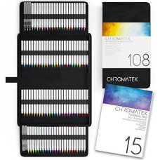 CHROMATEK 108 akvarelinių pieštukų rinkinys, įskaitant 15 puslapių bloknotą ir internetinių vaizdo pamokų seriją, 5 akvarelės rašikliai ir 100 unikalių spalvų, tikri teptuko rašikliai, lengvai maišomi, ryškūs ir glotnūs