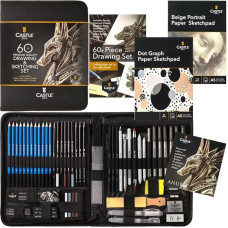 Castle Art Supplies 60 Piece Drawing / Sketching Set | High Quality Graphite, Charcoal, Pastel, Watersoluble Pens and Sticks, Fineliner | For Professional and Professional Artists | Zip Case