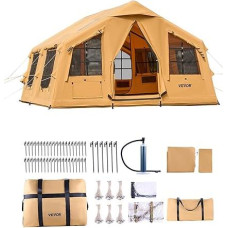 VEVOR Inflatable Tent for Camping 8-12 People with Hand Pump, 4.8 x 3.6 x 2.2 m Glamping Tent with 2 Skylights, Canopy, Oven Connection, 2 Doors & Mesh Windows, Storage Bag