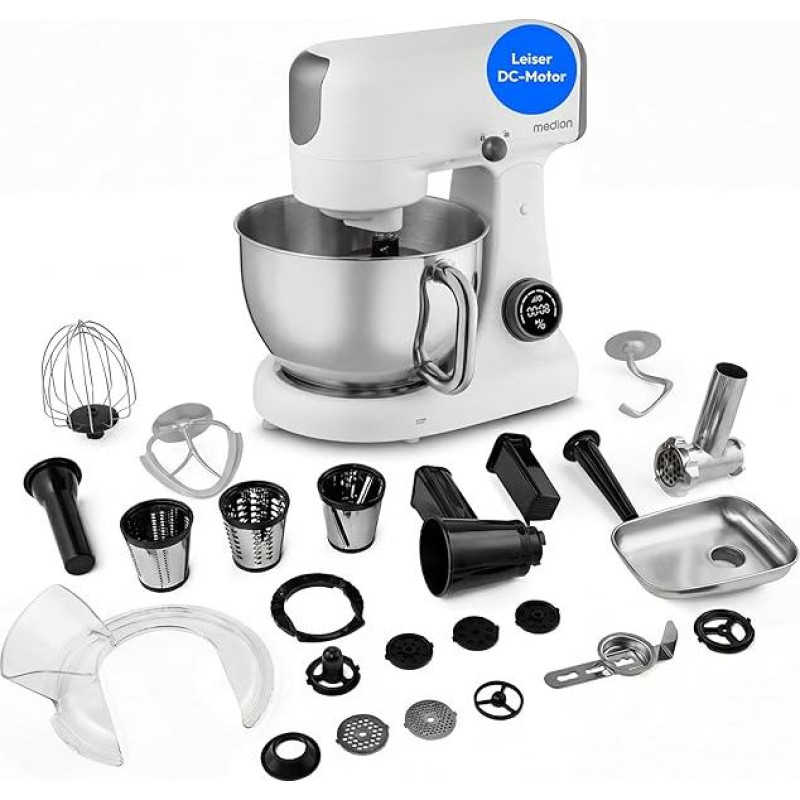 MEDION MD12600 maisto smulkintuvas (mėsmalė, 4,6 litro nerūdijančio plieno indas, tylus nuolatinės srovės variklis, 800 W, tarkavimo mašina, skaitmeninis sensorinis jutiklinis ekranas, minkymo mašina, tešlos mašina, MD12600) Balta