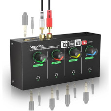4 kanalų ausinių stiprintuvas, kompaktiškas metalinis stereofoninių ausinių maišytuvas su 6,35 mm, 3,5 mm ir RCA įėjimais, TRS išėjimais, nutildymo funkcija ir šauniu apšvietimu, 12 V nuolatinė srovė - 14 x 7 x 3,1 cm