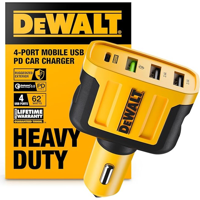 DEWALT USB C automobilinis įkroviklis, 60 W 4 prievadų greitojo įkroviklio adapteris, C tipo automobilinis įkroviklis, suderinamas su 