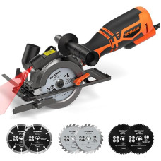 DOVAMAN MCS01A Mini Circular Saw 710 W 115 mm Hand Circular Saw with Laser, 3500 RPM, Metal Auxiliary Handle, 43 mm (90°), 29 mm (45°) Cutting Depth, 6 Saw Blades, Ideal for Wood, Soft Metal, Plastic, Tiles
