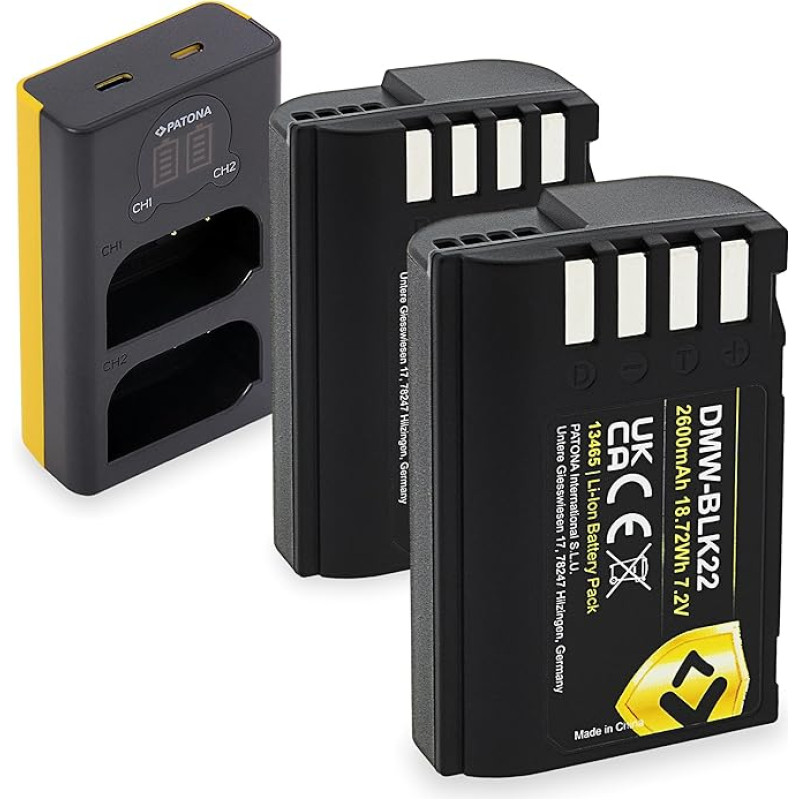PATONA Dvigubas LCD įkroviklis su 2 x DMW-BLK22 Protect baterijomis | 2400 mAh 7,2 V ličio jonų | Atsparus ugniai ir karščiui | Suderinamas su Panasonic Lumix DC-S5, DC-G9, GH5, GH6, DC-S5II