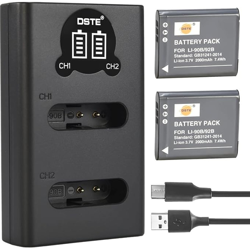 DSTE LI-90B LI-92B Ersatz akku (2-Pack) ir dvigubas USB lizdas suderinamas su Olympus SH-50 SH-60 SP-100 TG-1 TG-2 TG-3 TG-5 TG-6