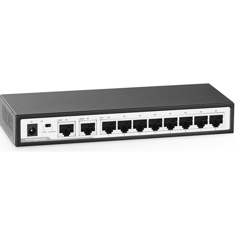 YuLinca 10 prievadų Gigabit Ethernet komutatorius, 8 x 100/1000Mbps prievadai, 2 Gigabit Uplink, Vlan palaikymas, metalinis, be ventiliatoriaus, nevaldomas, 