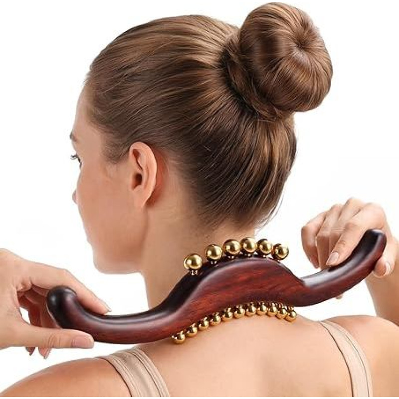 ONUEMP Gua Sha Massage Werkzeug aus Sandelholz und Messing, Multi-Funktional mit 6 großen und 11 kleinen Messing-Perlen, für Akupressur, Meridian-Dredging und Muskelentspannung