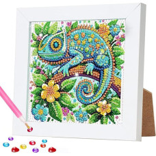 DOMROM Children's Diamond Painting with Frame, Animal 5D Diamond Painting Pictures from 6 Years, Green DIY Mosaic Making Arts Craft Chameleon Home Wall Decor for Children Adults