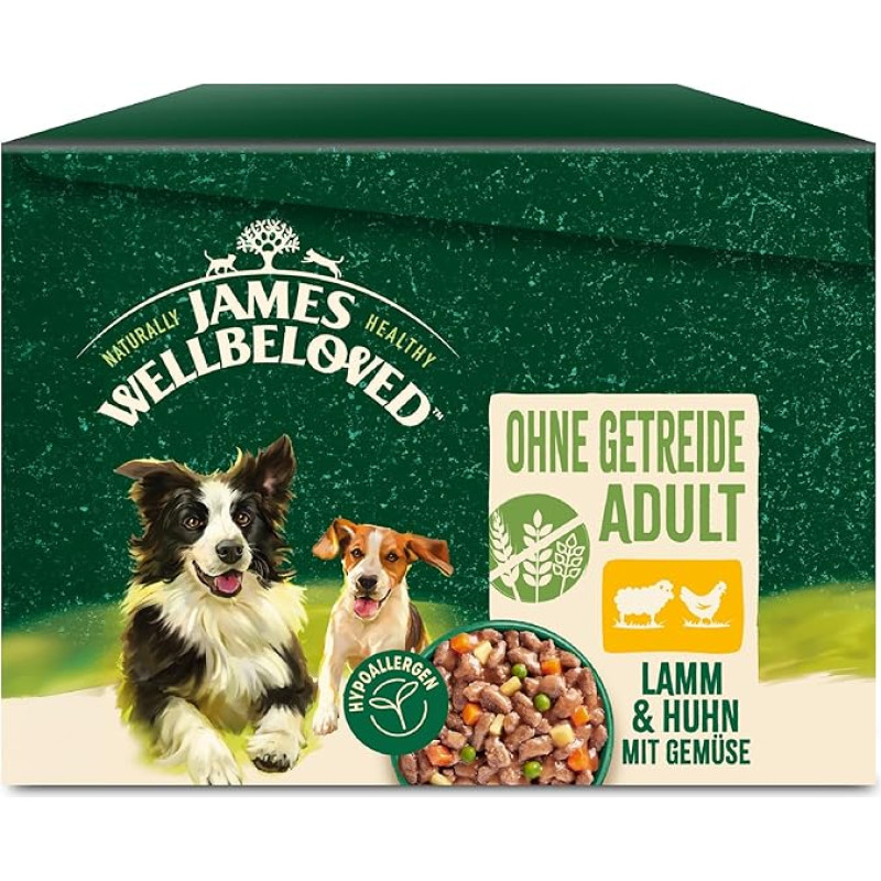 James WELLBELOVED 12 x 90 g porcijinių maišelių šunims, drėgnas ėdalas be grūdų, ėriena ir vištiena su daržovėmis padaže