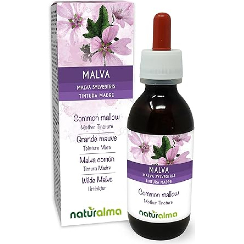 Laukinės malvos (Malva sylvestris) lapai ir žiedai Alkoholio neturinti motinos tinktūra Naturalma - skystas ekstraktas lašai 120 ml - maisto papildas - veganiškas