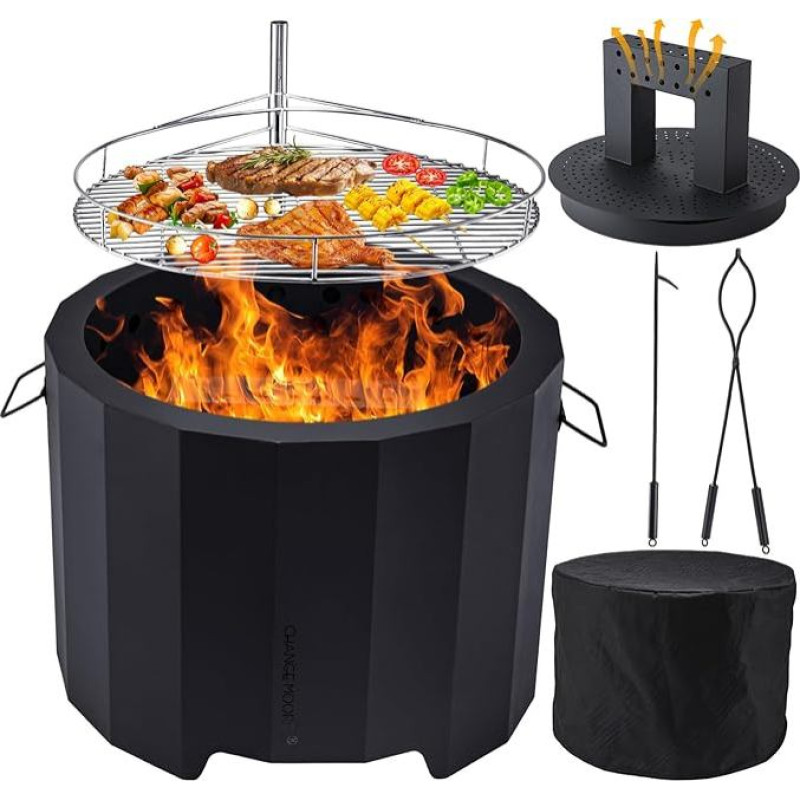 CHANGEMOORE Ugniakuras be dūmų, 50 cm lauko ugniakuras su triguba degimo sistema ir nuimama pelenų talpykla, ugniakuro dangtis, BBQ pokerio rinkinys