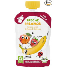 FRECHE FREUNDE Ekologiški išspaudžiami bananai, obuoliai, braškės ir avietės, vaisių užpilas su vaisiais išspaudžiamuose maišeliuose kūdikiams nuo 6 mėn., veganiškas, 6 vnt. (6 x 100 g)