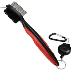 K&V GOLF Golf Brush Red & Black Extendable Golf Accessories Brush with Groove Cleaner - 61 cm Zipline with Aluminium Carabiner - Rubber Handle Ergonomic - 2V Brush Cleaning Brushes with Groove Sharpener Set