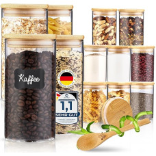 12 vnt. mažų laikymo stiklainių rinkinys: 4 vnt. po 600 ml ir 8 vnt. po 430 ml, puikiai tinka stalčiams ir vaistininko spintelėms, ekologiški laikymo stiklainiai su hermetiškais dangteliais, skirti ryžiams, riešutams, sėkloms ir prieskoniams laikyti