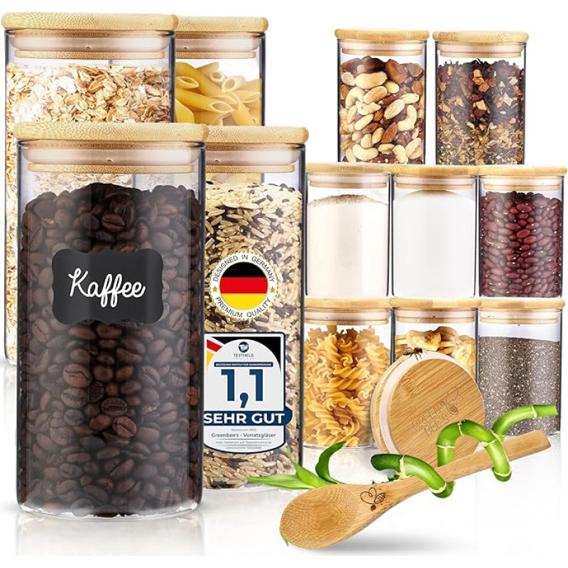 12 vnt. mažų laikymo stiklainių rinkinys: 4 vnt. po 600 ml ir 8 vnt. po 430 ml, puikiai tinka stalčiams ir vaistininko spintelėms, ekologiški laikymo stiklainiai su hermetiškais dangteliais, skirti ryžiams, riešutams, sėkloms ir prieskoniams laikyti