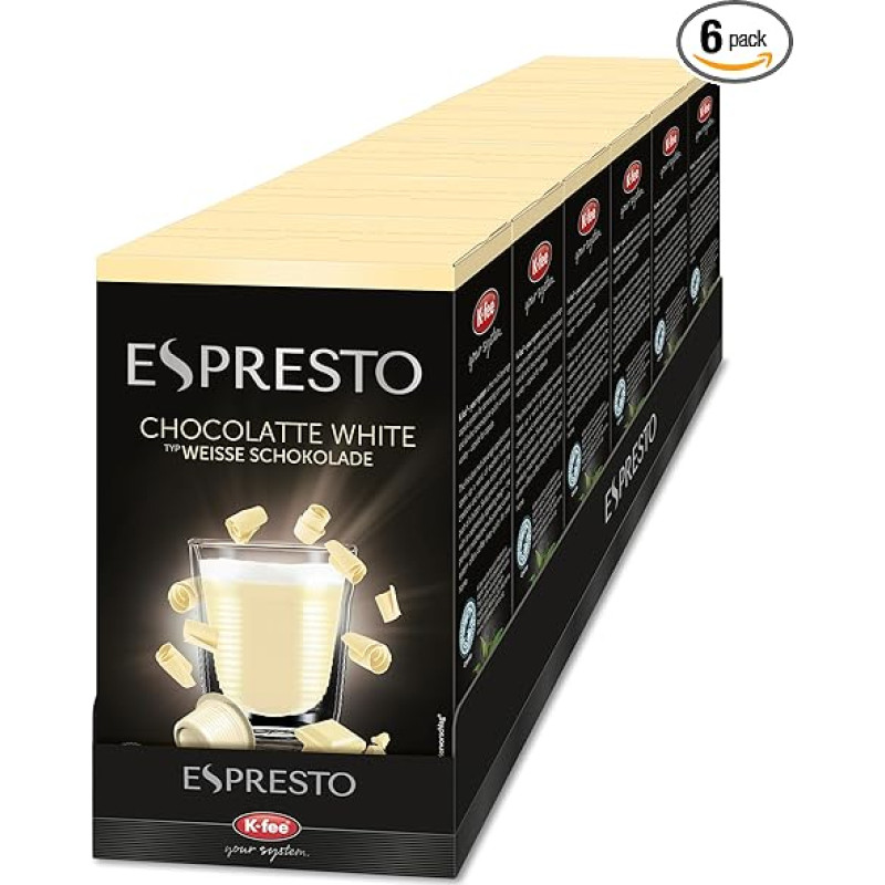 „ESPRESTO“ kakavos kapsulės, baltasis šokoladas, tinka „K-fee“ ir „Aldi Expressi“* aparatams, „Fairtrade“ sertifikuotos kakavos pupelės, 96 kapsulės