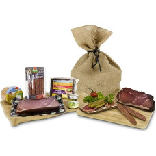 „Römer Präsente Vesperzeit“ dovanų rinkinys – 9 vienetai – 1 riešutų kumpis (500 g), 1 stiklainis kepenų dešros (170 g), 4 „Landhunters“ (160 g), 1 „Et Original“ garstyčių stiklinė (45 ml) ir 1 viso grūdo duonos kepalas (500 g) + kaimiškas džiuto maišas