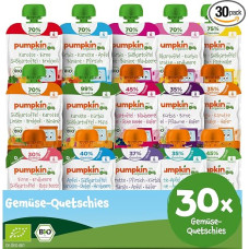 „Pumpkin Organics“ ekologiškų daržovių „Quetschie“ degustacinis rinkinys – 30 maišelių su 30–99 % daržovių – nuo 6 mėnesių – 100 % ekologiški, be priedų – papildomo maisto užkandžiai
