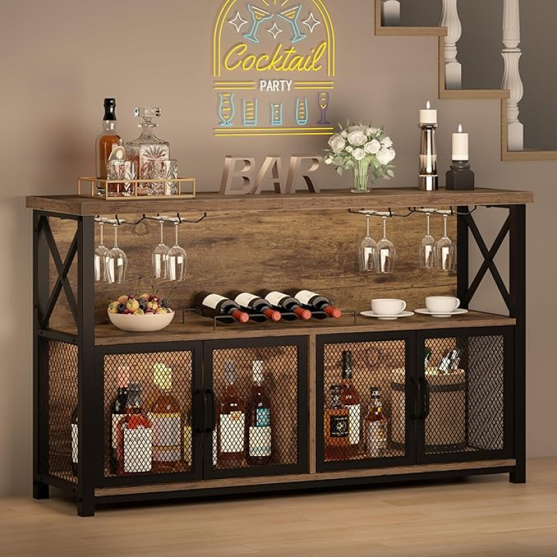 „LVB“ pramoninio stiliaus kavos baro spintelė, kaimiško stiliaus vyno baro spintelė alkoholiniams gėrimams ir taurėms, metalas ir medis, bufetas, servizinė spintelė, alkoholinių gėrimų spintelė ir vyno lentynos su saugojimo vieta namams, valgomajam, virtu
