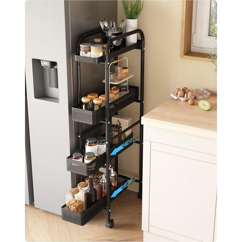 UMDONX Slim Storage Cart Pull Out Drawers 4 Tier Vegetable Rack Kitchen Cart on Lockable Wheels Slim Shelf Organizer Shelf Durable Metal Black Heavy Duty | Gemüseregal Obst Organizer Rack Küchenwagen auf feststellbaren Rädern Schmales Regal Speisekammer R