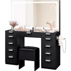 YITAHOME Dressing Table with LED Lighting, 3 Colours with Adjustable Brightness, Dressing Table with Mirror for Makeup, Cosmetic Table with Socket, 11 Drawers, Modern, Black