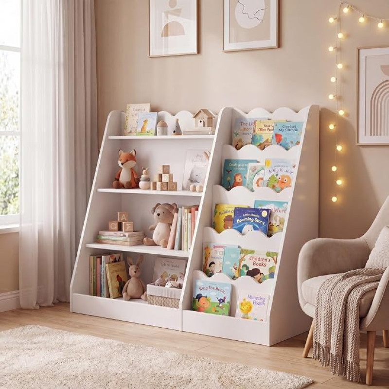 RELAX4LIFE Montessori Children's Wooden Bookcase, Toy Shelf with 4 Open Compartments, 5 Shelves & Hidden Storage Compartment, Storage Shelf for Children's Room & Playroom (White)