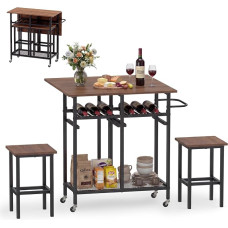 COSTWAY Dining Set with 2 Chairs, Folding Dining Table with Wheels, 6 Bottles Wine Rack & Shelf, Kitchen Table for 2 People, Dining Room Group, Seating Set for Dining Room, Kitchen