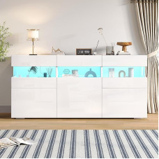 Balta, blizgi 140 cm pločio bufetė, skirta svetainei, virtuvei ir prieškambariui | „Su & Chan Legence“, LED apšvietimas, komoda su 3 durelėmis, skaidrus akrilo korpusas, 140 x 35 x 80 cm