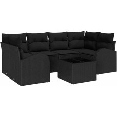 „Rantry“ 7 dalių sodo sofų komplektas su pagalvėlėmis, juodos spalvos poli-rotango, 2-vietė sodo sofa su daiktų laikymo skyriumi ir pagalvėlėmis, juodos spalvos poli-rotango, sodo poilsio komplektas, modelis 3354612