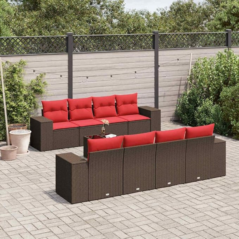 9-teiliges Gartensofa Set aus Polyrattan mit Kissen und Glastisch für Terrasse und Garten
