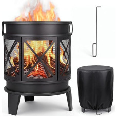„SMOOL“ apvalus laužavietė, daugiafunkcinė sodo laužavietė, plieninė, skirta naudoti lauke | Komplekte yra laužo krapštukas ir apsauga nuo lietaus; tinka kempingui ir kepimui ant laužo 17,5 x 23,2 colių, juoda