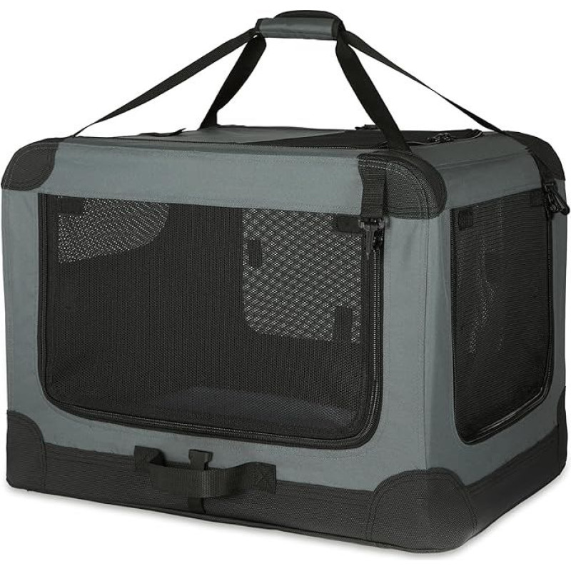 Amazon Basics 4 Door Folding Travel Kennel for Dogs, Cats, Rabbits & Other Small Animals, Grey, M 76 cm x 54 cm x 54 cm