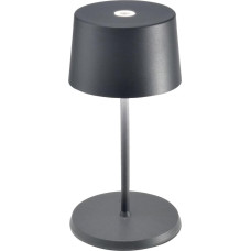 „Zafferano“, „Olivia Mini Lampe“ – nešiojama ir įkraunama stalo lempa su jutikliniu valdymu, tinka naudoti svetainėje ir lauke, su šviesos reguliatoriumi, 2200–3000 K, aukštis 22 cm, spalva – tamsiai pilka